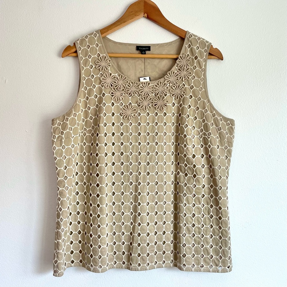 Talbots Beige Sleeveless Top Floral Embroidered